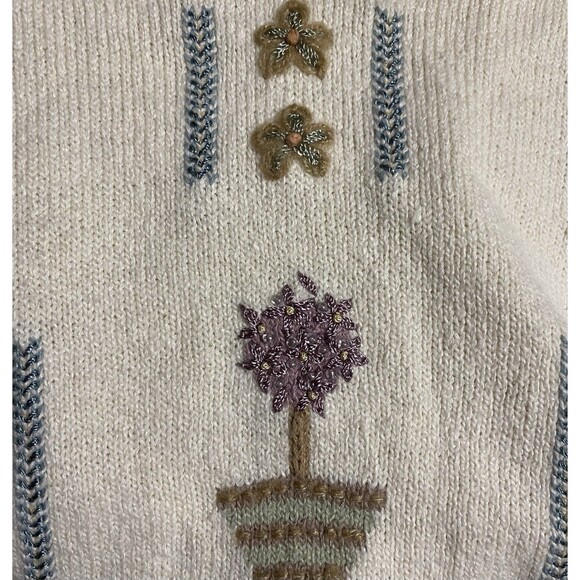 Alfred Dunner Petite PM Sweater Vintage Embroidered Floral Beaded White Cotton - Picture 5 of 13